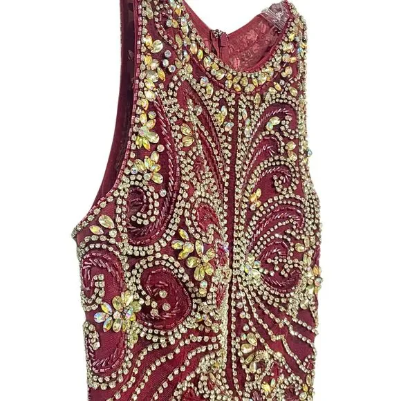Burgundy Beaded Sequin Prom Dress - Picture 5 of 16
